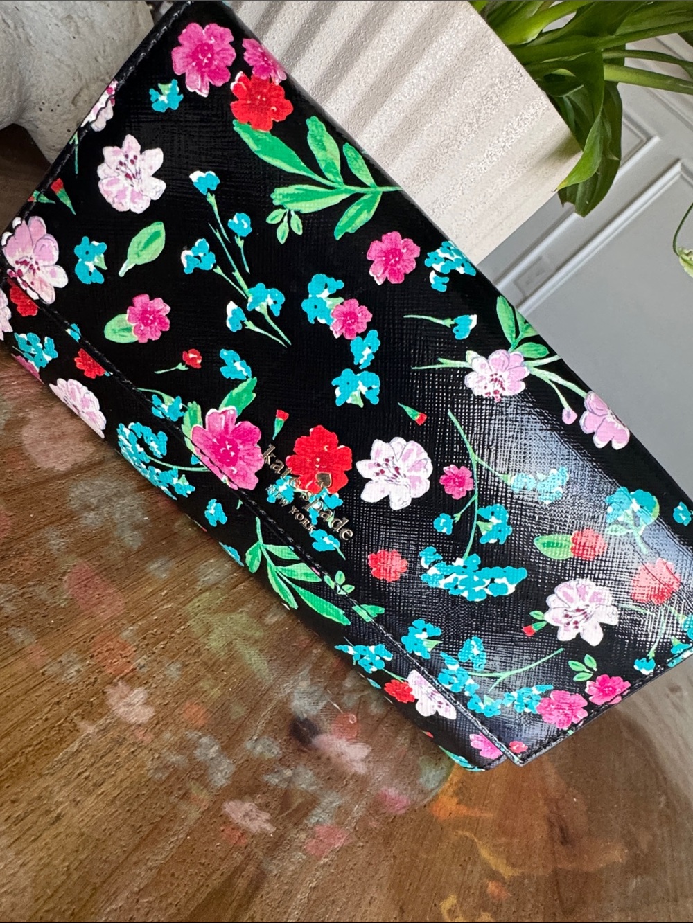 kate spade Black Floral Patent Clutch with Pink, Red & Teal Accents